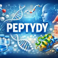 Peptydy sygnałowe, DNA, molekuły i ludzka twarz symbolizują naukę o peptydach.