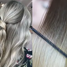 Blond włosy z efektem sunkissed, delikatnie spięte w warkocz. Włosy wyglądają jak muśnięte słońcem.