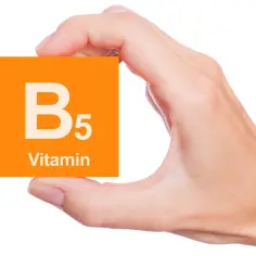 Dłoń trzyma pomarańczową kartkę z napisem "B5 Vitamin". To ważny składnik, jak kwas pantotenowy.