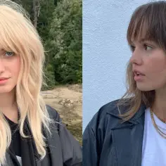 Dwie kobiety, jedna z blond włosami, druga z brązowymi, prezentują modne fryzury.