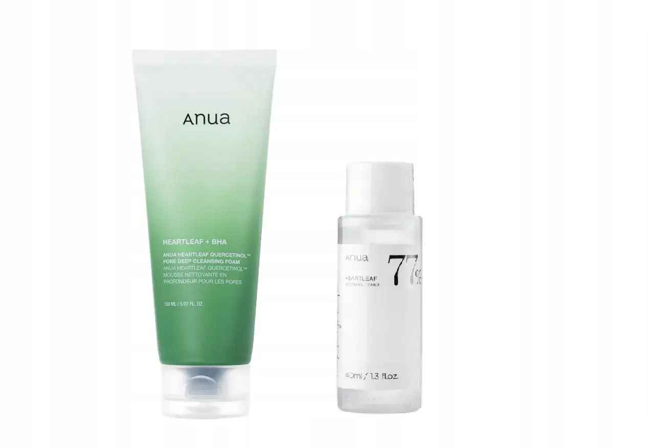Anua Heartleaf + BHA pianka do mycia i Anua 77% Heartleaf Soothing Toner.