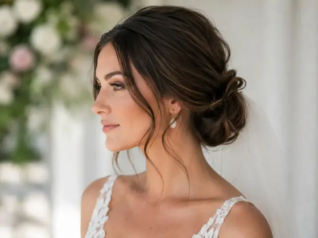 Eleganckie fryzury na wesele z grzywką, jak ta romantyczna upięta fryzura panny młodej, dodają uroku.